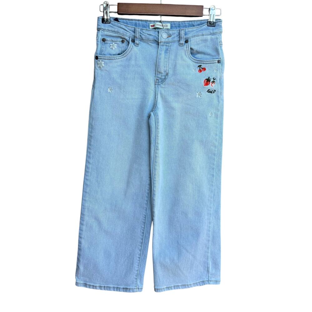 Levi's Youth 14 Wide Leg Cropped Embroidered Floral Jeans Light Wash Boho - Picture 1 of 8